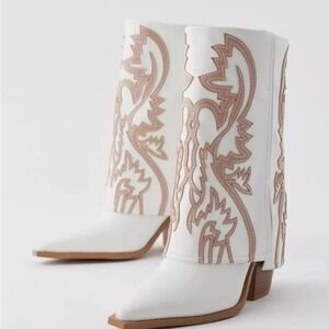 Azalea Wang Esperanza Western Boots Sz 9 White Tan Embroidered Coastal Cowgirl